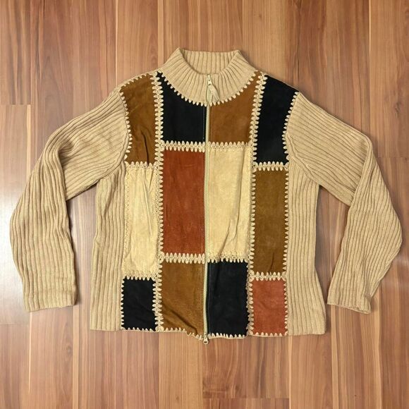 tan and brown leather patchwork and ribbed knit zip jacket size M - Picture 1 of 5